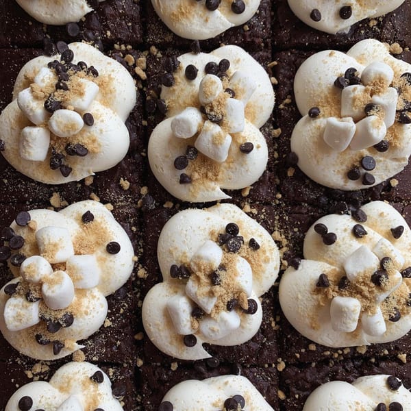 Close-up of vegan s'mores brownies with white frosting, mini marshmallows, chocolate chips, and graham cracker crumbs.